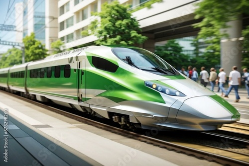 Electric train in motion, sustainable transportation, eco-friendly travel concept, generative AI