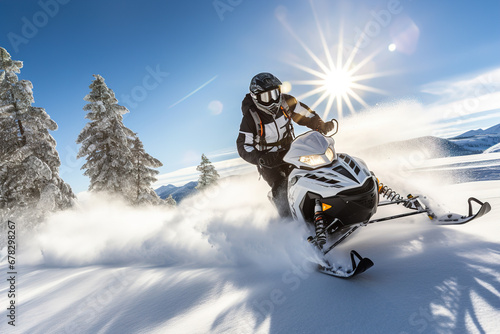 a guy rides a Snowmobile against the background of a winter forest, leaving a trail of splashes of white snow. a bright snowmobile and a suit without brands. Extreme sports. Banner © Irina