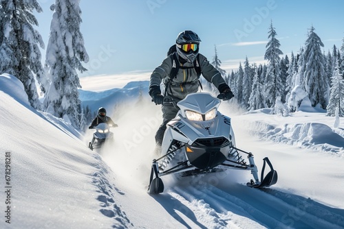 a guy rides a Snowmobile against the background of a winter forest, leaving a trail of splashes of white snow. a bright snowmobile and a suit without brands. Extreme sports. Banner