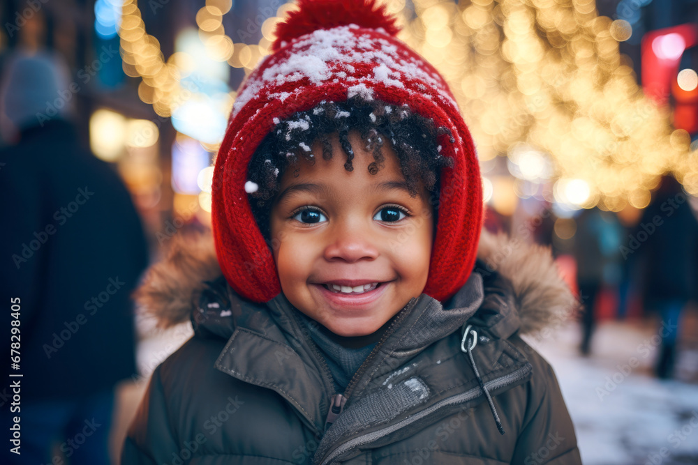 African American mixed race toddler in a red cap showing happiness and standing in the city with snow and christmas lights white christmas joy African American mixed race toddler in a red cap showing happiness and standing in the city with snow and christmas lights white christmas joy