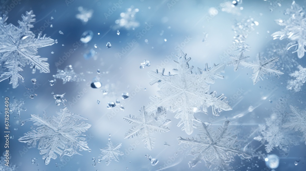 Close up snow crystals of delicate blue color, beautiful ice snowflakes. Ice crystal texture. Elegant pastel winter background. Festive backdrop. Fantastic beauty of winter nature. Copy Space