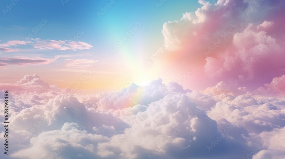 Delicate pastel-colored rainbow clouds gracefully adorn expanse of serene blue sky, casting breathtaking and ethereal display of natural beauty. Tranquil and mesmerizing scene. Beautiful background. - obrazy, fototapety, plakaty 