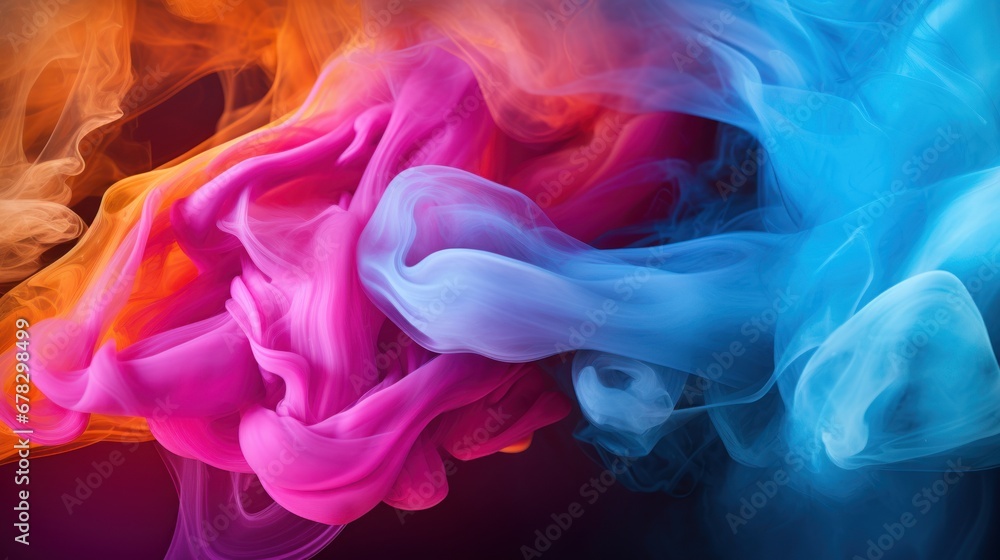 Colorful smoke background. Plumes of multi-colored smoke on a blue-violet background. Cloud of colored ink or paint underwater. fluffy smoke cloud Abstract backdrop for banner, poster, card, brochure.