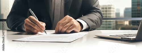 An official, lawyer or manager in a light suit signs a document. Conducting correspondence. Close-up. Shallow depth of field. No face. AI generated image