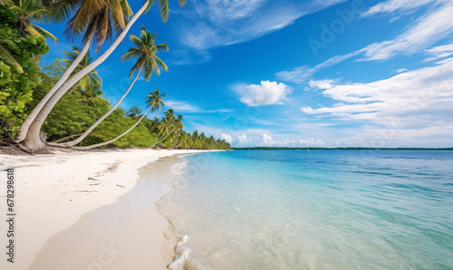 Beautiful tropical island with palm trees and beach panorama. A perfect tropical landscape. © trompinex