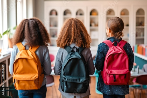 Rear view of three diverse schoolchildren with backpacks. Back to school concept