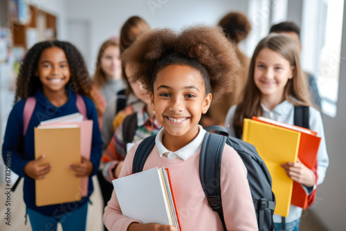 Cheerful smiling diverse schoolchildren standing posing in classroom holding notebooks and backpacks looking at camera happy after school reopen. Back to school concept