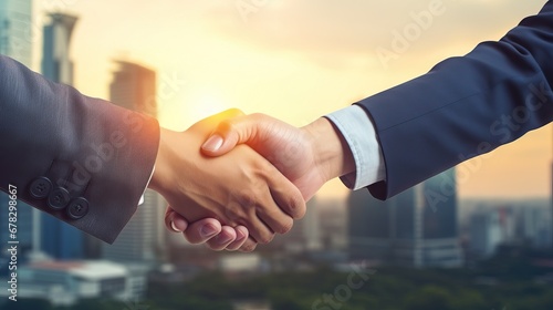 business background of businessmen have handshaking in greeting of business deal of merger and acquisition agreement. AI generated image