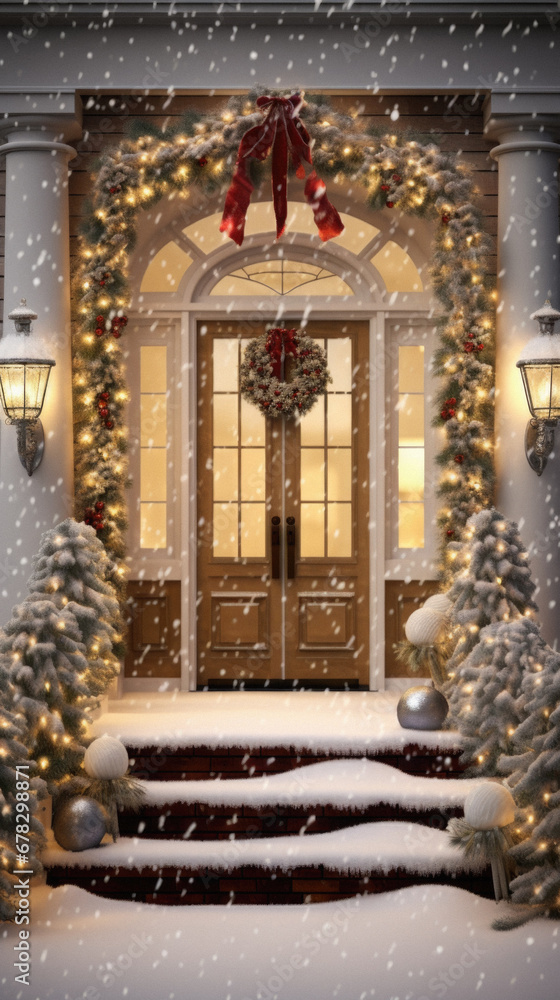 Fototapeta premium Of a front door decorated for Christmas with a snowfall.