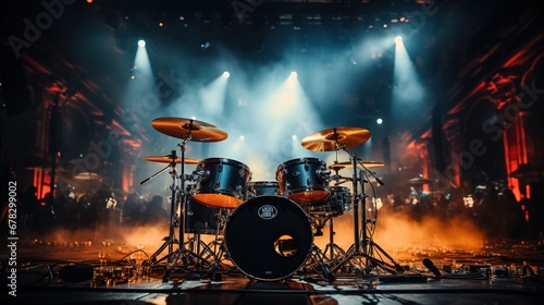 Stampa su tela Professional drum set on stage with bright lights and smoke.