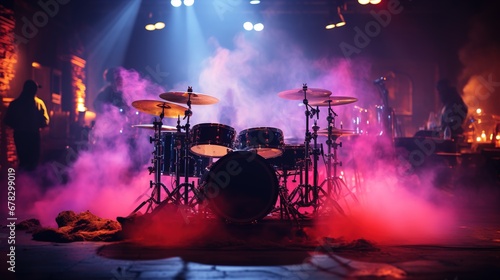 Professional drum set on stage with bright lights and smoke. photo