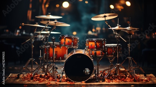 Nice drum set in a bar with moody lighting. photo