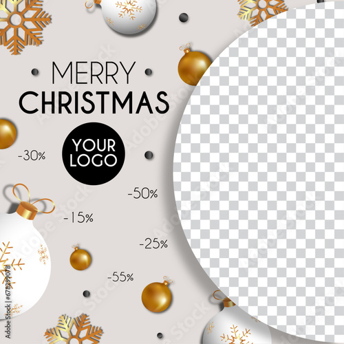 Banner plantilla para ofertas de navidad, con esferas y copos de nieve, foto en medio circulo