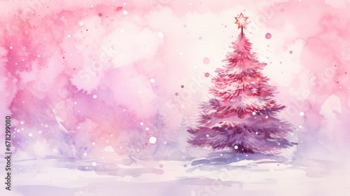  a watercolor painting of a pink christmas tree with a star on top, on a pink and purple background with snow flecks and snow flecks.