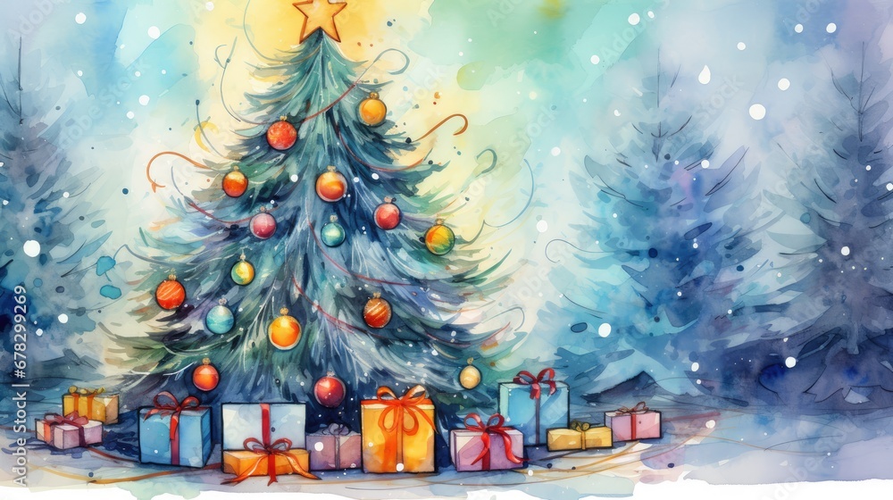  a watercolor painting of a christmas tree with presents in front of it and a star on the top of the tree, with snow falling down on the ground.