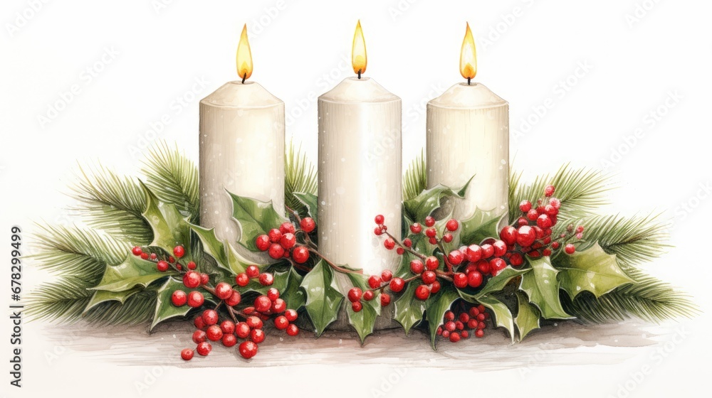 a painting of three white candles with holly and red berries on a white background with green leaves and red berries on the bottom of the candles, and red berries on the. a painting of three white candles with holly and red berries on a white background with green leaves and red berries on the bottom of the candles, and red berries on the.