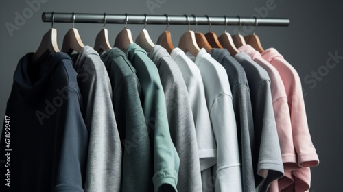 Clothes on a hanger with isolated grey background.