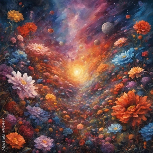 stunning romantic glorious space flowers storm  intense  dynamic  stylized  fantastic  detailed  high resolution