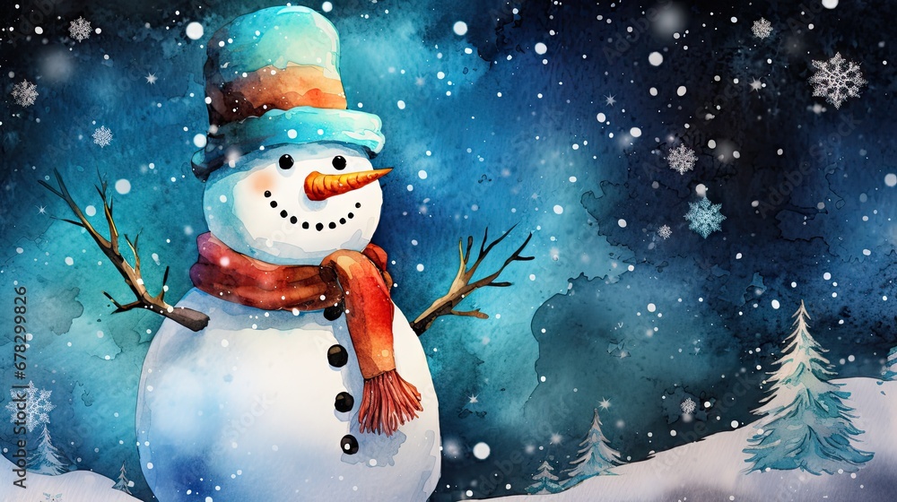 a watercolor painting of a snowman wearing a blue hat, scarf, and a scarf around his neck, with trees and snowflakes in the background. a watercolor painting of a snowman wearing a blue hat, scarf, and a scarf around his neck, with trees and snowflakes in the background.
