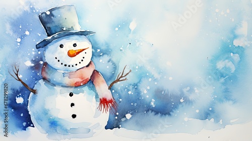  a watercolor painting of a snowman with a top hat, scarf, and scarf around his neck, standing in the snow with a blue background of snow.