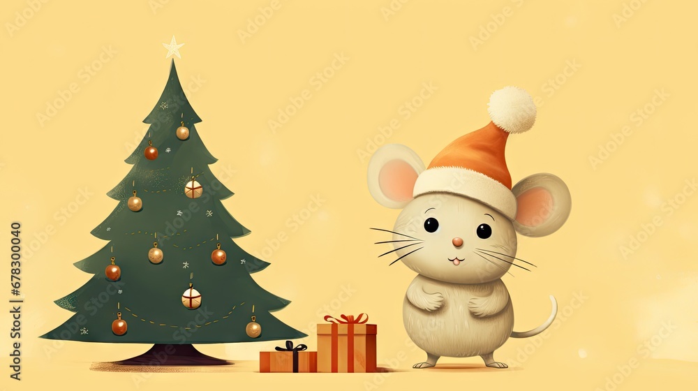  a cartoon mouse standing next to a christmas tree with a gift box in front of it and a small christmas tree with a red hat on it's head.