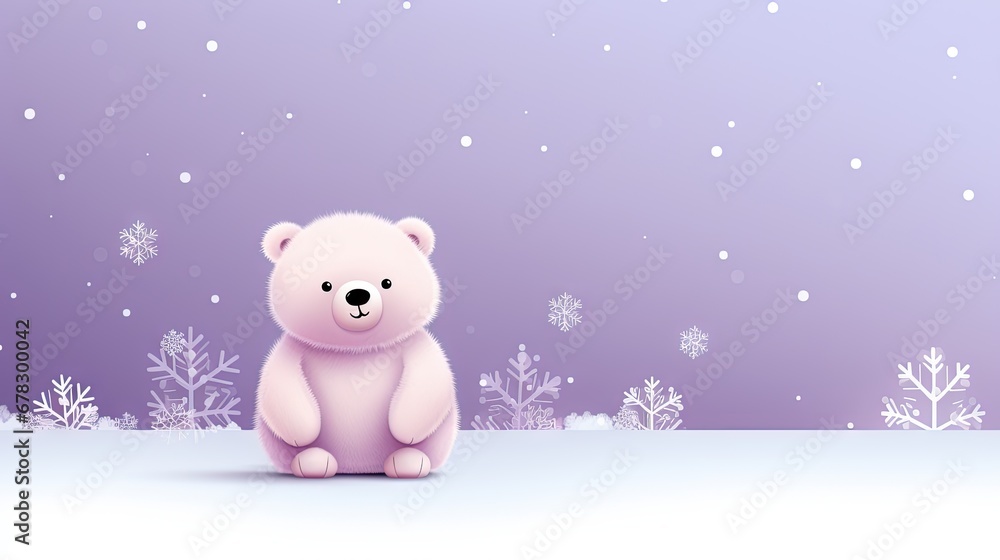  a white teddy bear sitting in front of a purple and white background with snow flakes 