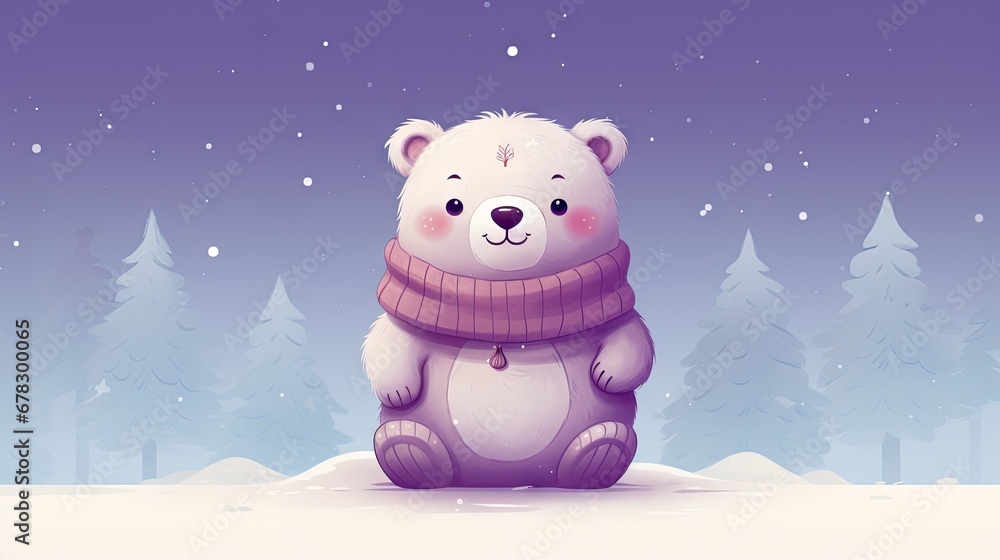 a white teddy bear with a scarf around its neck sitting on a snowy surface in front of a night sky with snow falling on the trees and snowflakes. a white teddy bear with a scarf around its neck sitting on a snowy surface in front of a night sky with snow falling on the trees and snowflakes.