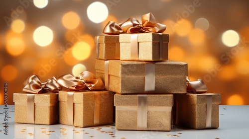  a pile of gold wrapped presents sitting on top of a table next to a gold and white christmas ornament with lights in the background and a gold tinsel.