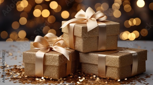  a group of gold gift boxes with a bow on top of them and gold confetti scattered around them on a table with a boke of lights in the background.