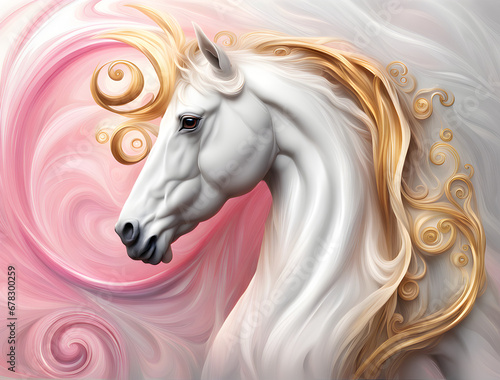 magic beautiful abstract marble white horse head background with gold and pink in it with soft swirls and soft spirals for luxurious web design