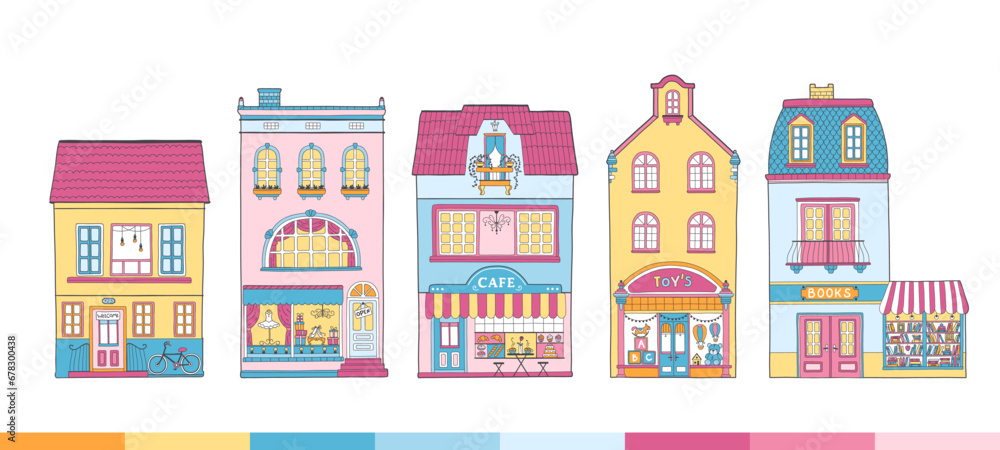 Collection of European houses. Nice Dutch buildings with shops, bookstore, cafe, coffee shop. Colorful vector illustration in a hand-drawn childish style. Traditional architecture of the Netherlands.