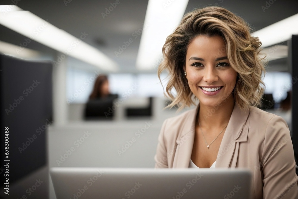 Portrait of a smiling businesswoman working on a laptop, office background, generative AI Portrait of a smiling businesswoman working on a laptop, office background, generative AI