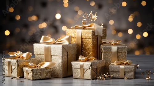  a group of wrapped presents sitting on top of a table next to a pile of gold wrapped presents with gold ribbons and bows on top of the boxes are surrounded by lights. © Shanti