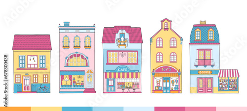 Collection of European houses. Nice Dutch buildings with shops, bookstore, cafe, coffee shop. Colorful vector illustration in a hand-drawn childish style. Traditional architecture of the Netherlands.