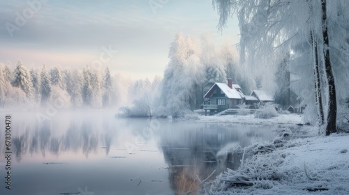a house by a lake with snow covered trees © Aliaksandr Siamko