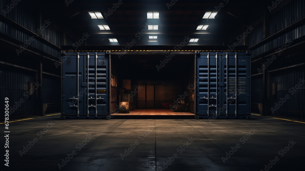a large blue container with doors open - obrazy, fototapety, plakaty 