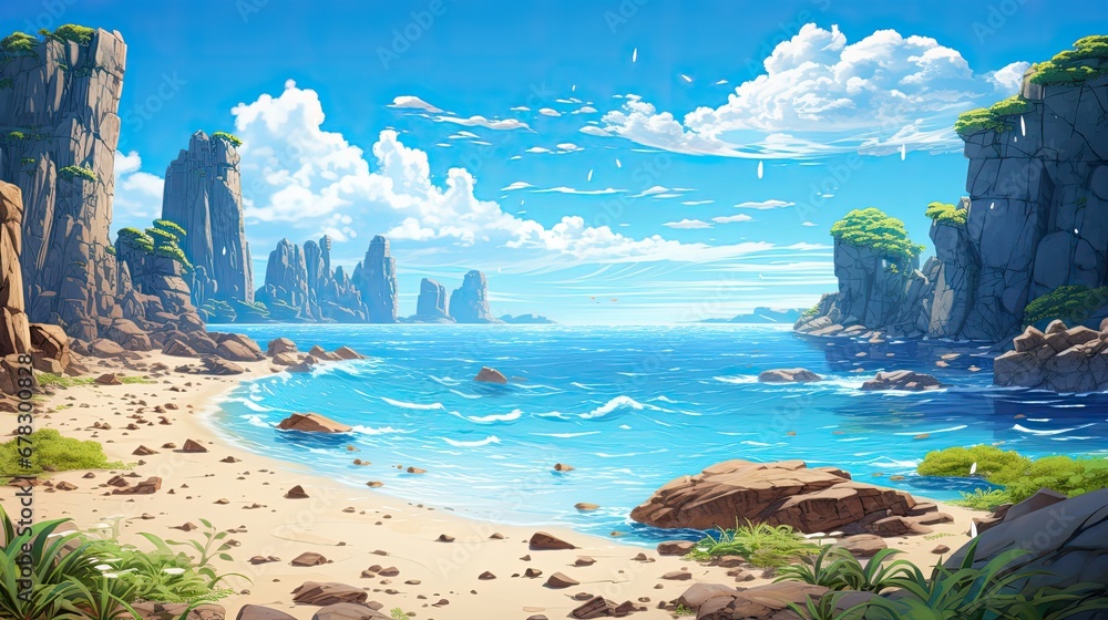 Piękna plaża ze skałami i spokojnym niebieskim niebem z puszystymi chmurami w stylu anime.  - obrazy, fototapety, plakaty 