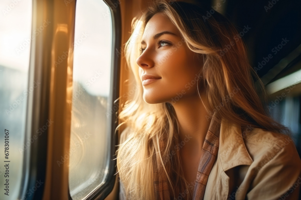 Woman on a train looking through the window with pensive look on her face. A travel concept, chasing her dreams Woman on a train looking through the window with pensive look on her face. A travel concept, chasing her dreams