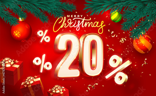 Merry Christmas, 20 percent Off  discount. Sale banner and poster. Vector illustration.