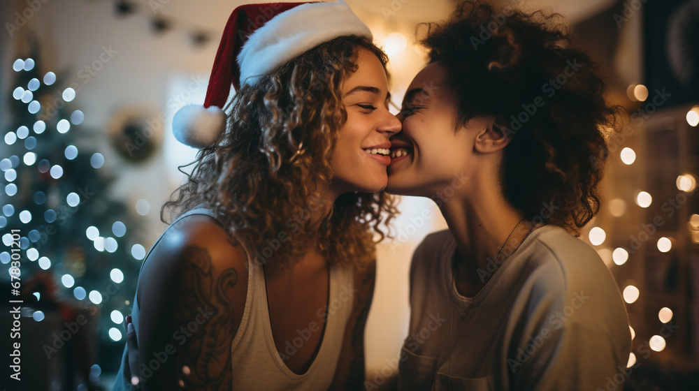 Lesbian couple celebrate Christmas. 