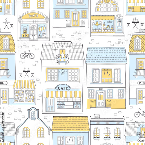 Seamless pattern with European houses. Dutch buildings with shops, bookstore, coffee shop. Colorful vector illustration in a hand-drawn childish style. Traditional architecture of the Netherlands