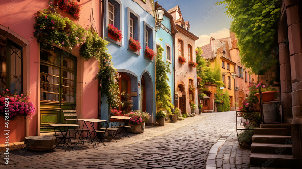 Obraz premium Charming Quaint European Alleyway with Cobblestone Streets, Enhanced with Soft and Pastel Tones to Evoke a Nostalgic and Old-World Atmosphere