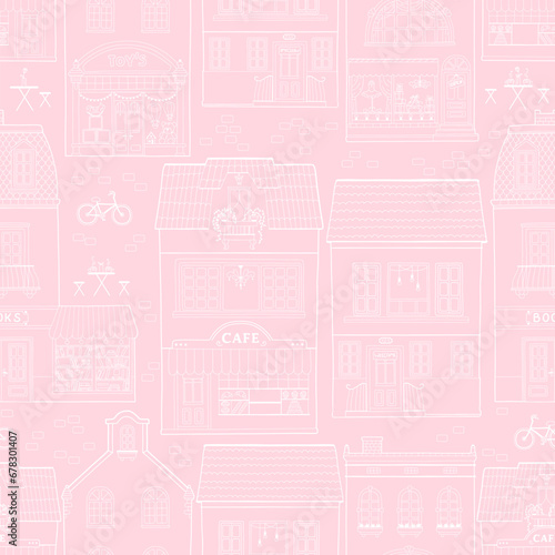 Seamless pattern with European houses. Dutch buildings with shops, bookstores, coffee shops. White outline on a pink background. Monochrome vector sketch illustration in a hand-drawn childish style.