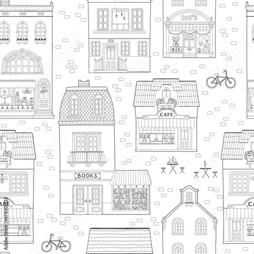 Seamless pattern with European houses. Cute Dutch buildings with shops, bookstore, cafe, coffee shop. Contour monochrome vector illustration, coloring for children in a hand-drawn childish style.