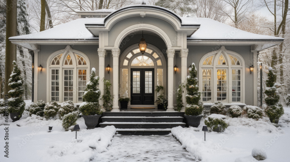 Beautiful house in the park under the snow. Winter landscape.