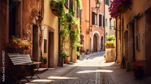Charming Quaint European Alleyway with Cobblestone Streets  Enhanced with Soft and Pastel Tones to Evoke a Nostalgic and Old-World Atmosphere