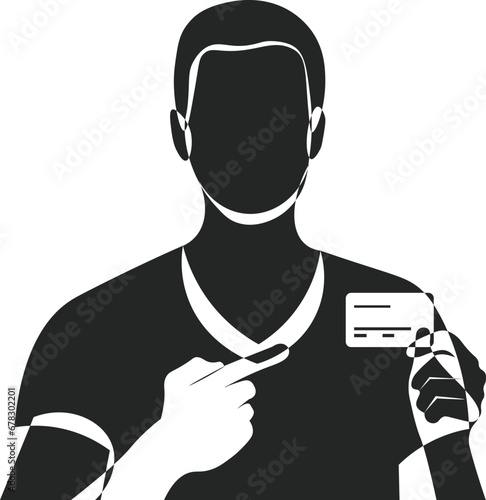 hombre señalando una tarjeta de crédito o debito monocromático, con huecos transparentes, fondo transparente, sin fondo