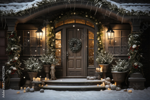 Of a Christmas background with a wooden door and a decorated porch.