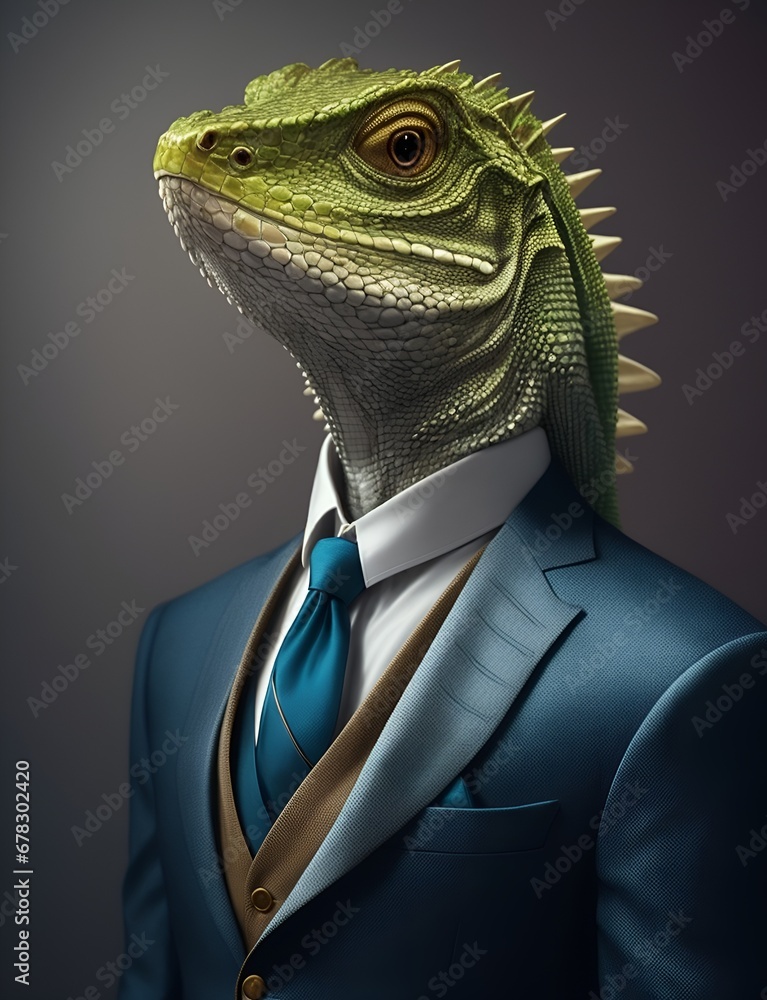 Lizard is dressed elegantly in a suit with a lovely tie. An anthropomorphic animal poses for a fashion photograph with a charming human attitude. Funny animal pictures with Suit jacket and tie