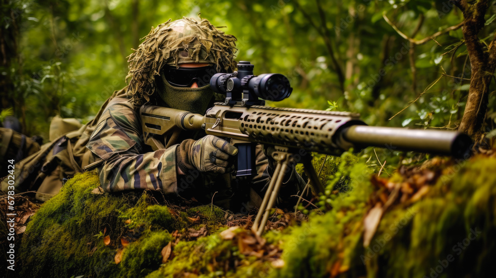 Well hidden sniper lying down on a hill in the jungle, wearing a camouflage ghillie suit that matches the jungle, face paint . Advanced sniper rifle with a scope and bipod - obrazy, fototapety, plakaty 